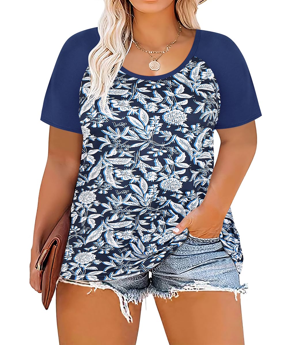 CARCOS Plus Size Tops for Women Short Sleeve Raglan Striped Tee Color Block Crewneck/V Neck Tunic Loose Fit Summer XL-5XL