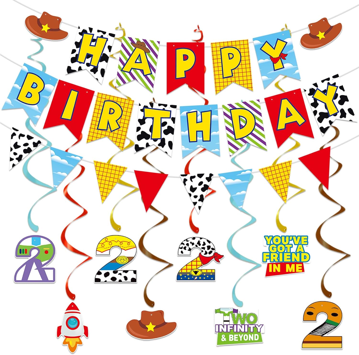 Happy Birthday Party Decoration Set, Toy Inspired Story 2nd Birthday Party Supplies, Two Infinity and Beyond Birthday Decorations, 8pcs Hanging Swirls Party Decorations Kids Party Supplies