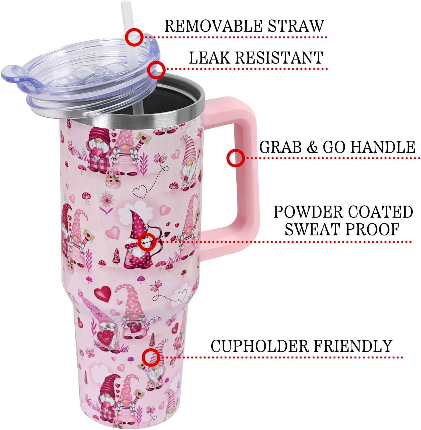 Valentines Gifts 40 oz Tumbler with Handle and Straw Lid,Cute Valentine's Gift for Her Women Girlfriend Wife Pink Gnomes Love Hearts Vacuum Insulated Leak Proof Stainless Steel Coffee Cup Mug