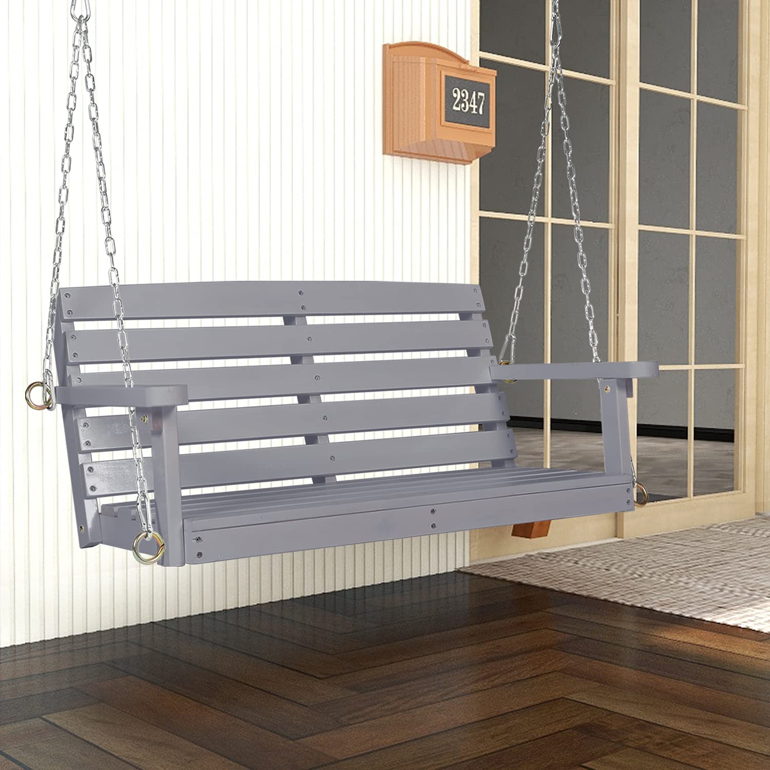 OKL Outdoor Wooden Porch Swing Bench, 2 Seater Hanging Porch Swing