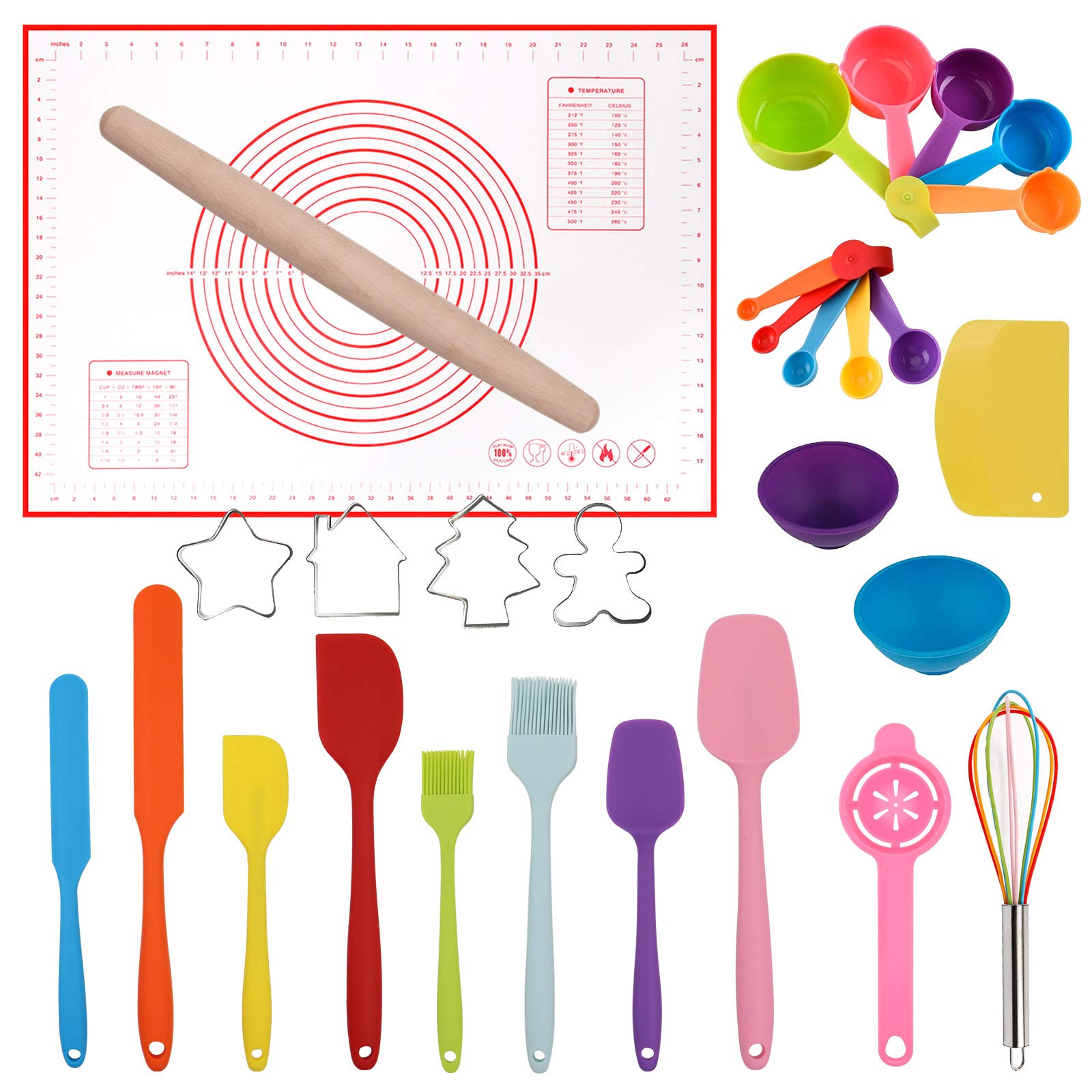 Silicone Spatula Set Rolling Pin Cookie Cutters Pastry Mat Measuring Spoons and Cups Pinch Bowls Dough Scraper, Kitchen To...