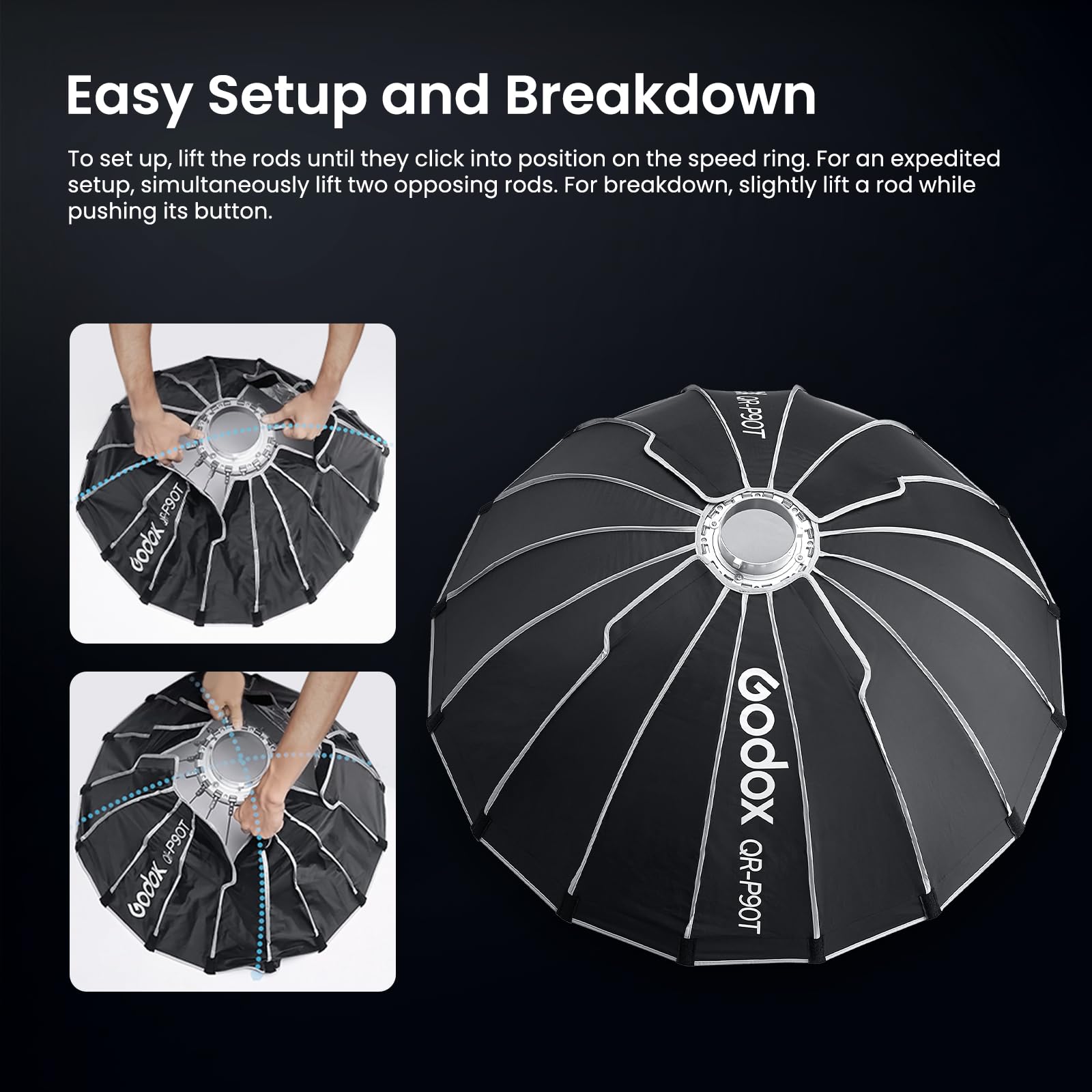 GODOX Godox QR-P90T Softbox parabolico a sgancio rapido con griglia a nido d'ape, supporto Bowen con borsa da trasporto per diffusore anteriore e interno per Godox MS300 MS300-V SK400II QT400III QT600