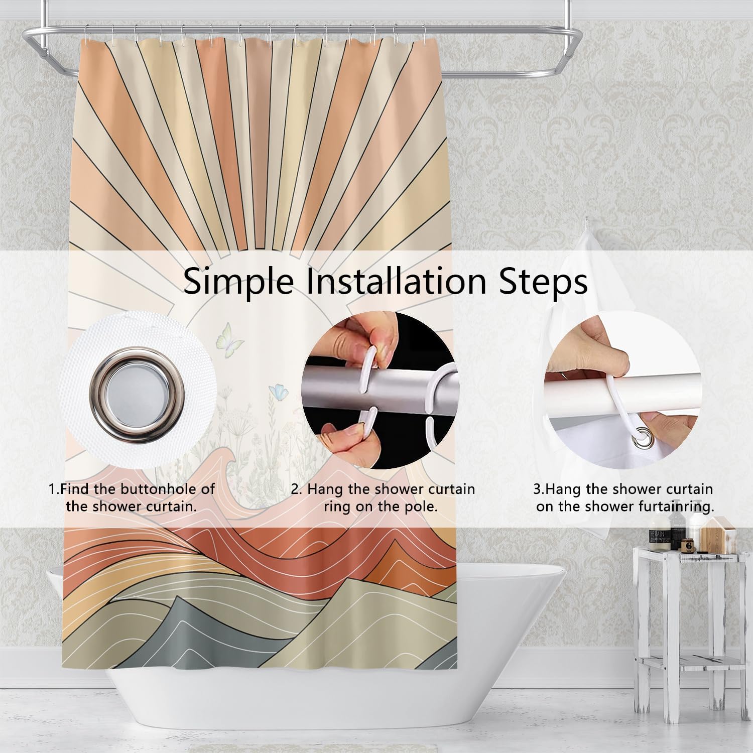 Mid Century Boho Shower Curtain 72x84 inch Sunset Abstract Colorful Mountains Wildflower Butterfly Minimalist for Bathroom Decor Sets Fabric Waterproof Polyester Fabric Accessories with Hooks