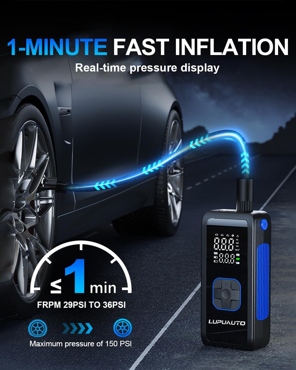 Tire Inflator Portable Air Compressor, 150PSI Air Pump Tires Portable with Pressure Gauge, Tire Inflator with LED Light for Car, Bike, Motorcycle, Balls - Image 4