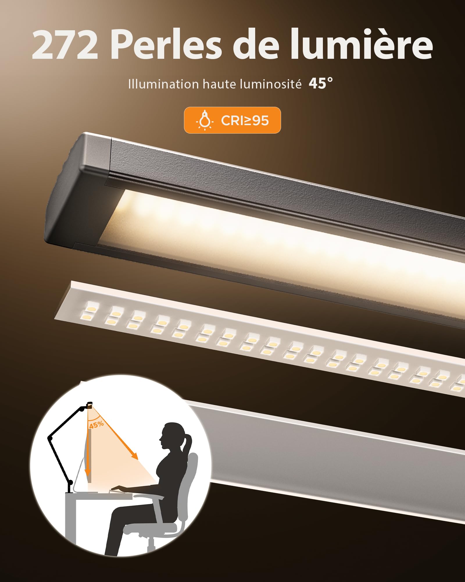 NGTeco Lampe de bureau LED 39,3" avec 3 barres lumineuses, bras articulé réglable, 24W 1500LM ultra-lumineuse, télécommande, idéale pour bureau, travail et étude