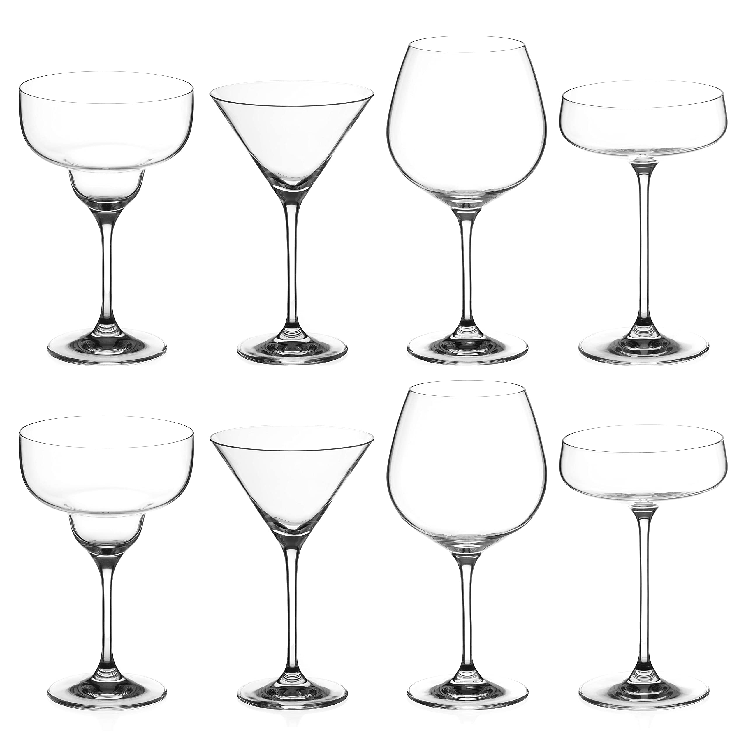 DIAMANTE Juego de 8 vasos de cóctel para fiesta – Martinis | Gin Copas | platillos | vidrio de margarita – 2 de cada cristal premium