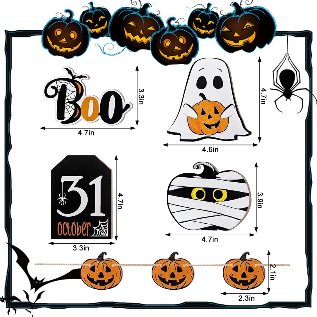 Halloween Decor, Halloween Tiered Tray Decoration, 7 PCS Halloween Wooden Signs, Farmhouse Rustic Indoor Decor for Fall Kitchen Home Table Mini Decor Halloween Party Supplies (Pumpkin Ghost Set)