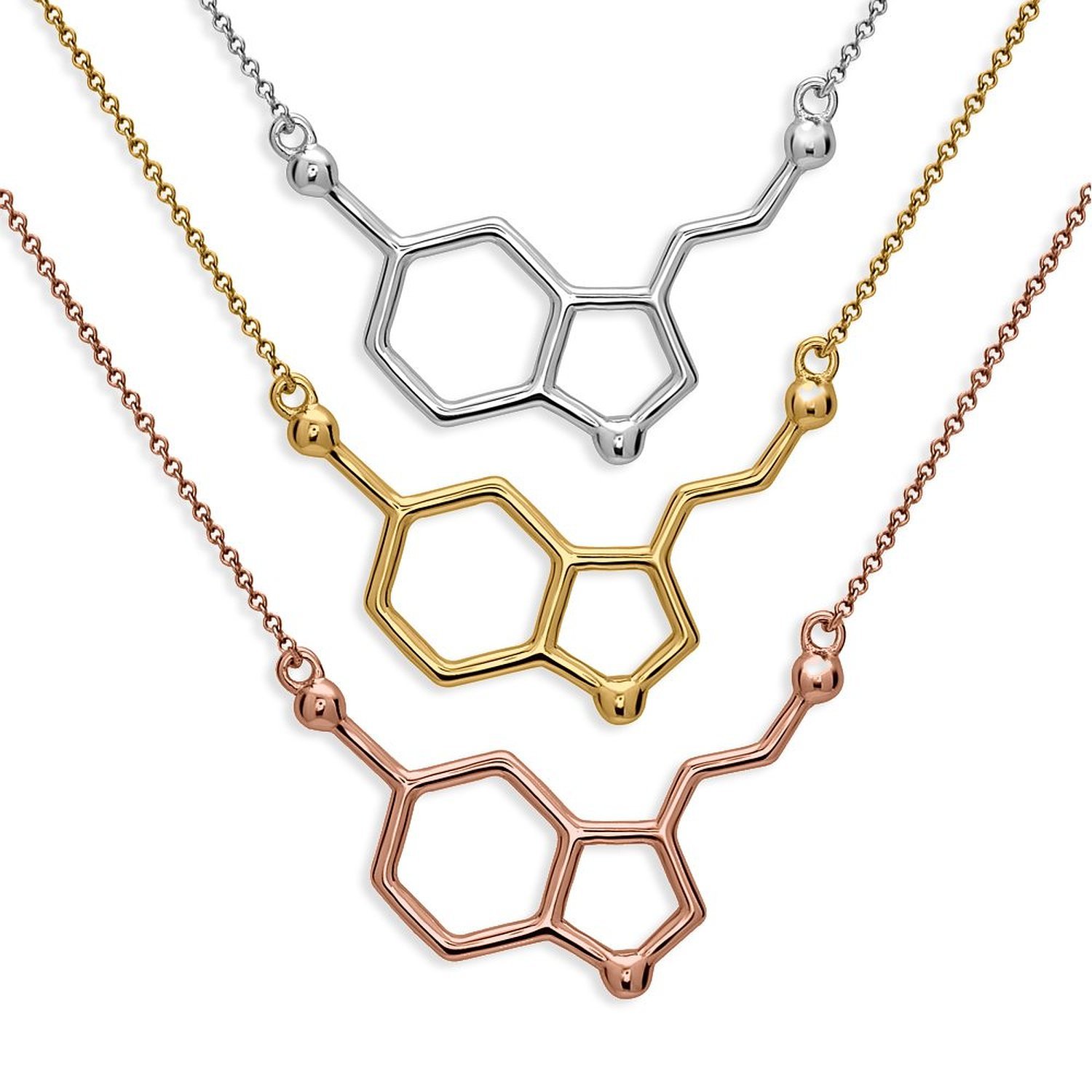 Serotonina Molecola Pendente Ciondolo con Collana | realizzato in argento sterling 925, placcato Oro e Oro Rosa | by Serebra Jewelry