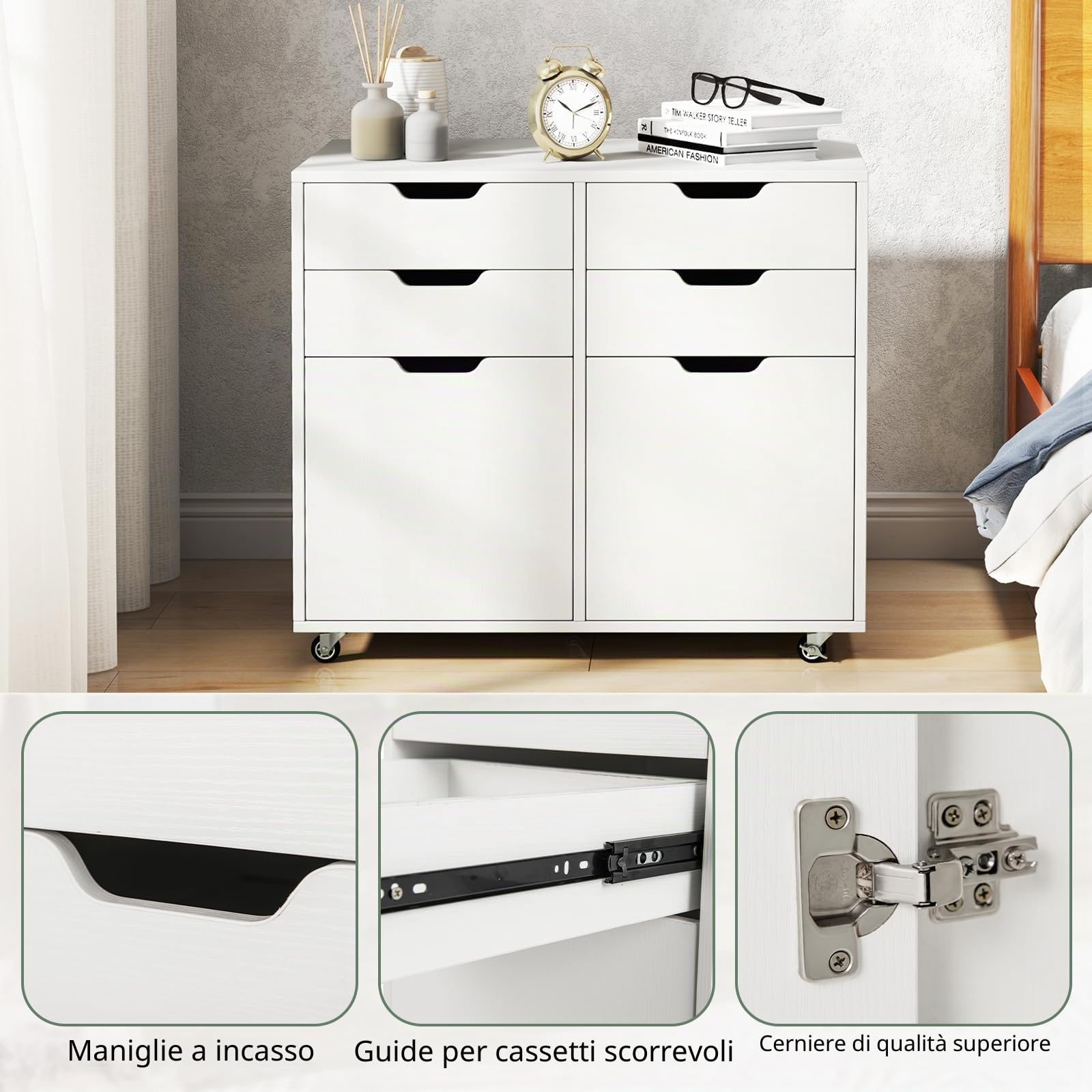 KOMFOTTEU Raccoglitore mobile con 5 ruote, cassettiera con 4 cassetti e 2 armadi con porte, supporto per stampante in legno, mobile di stoccaggio per ufficio, soggiorno