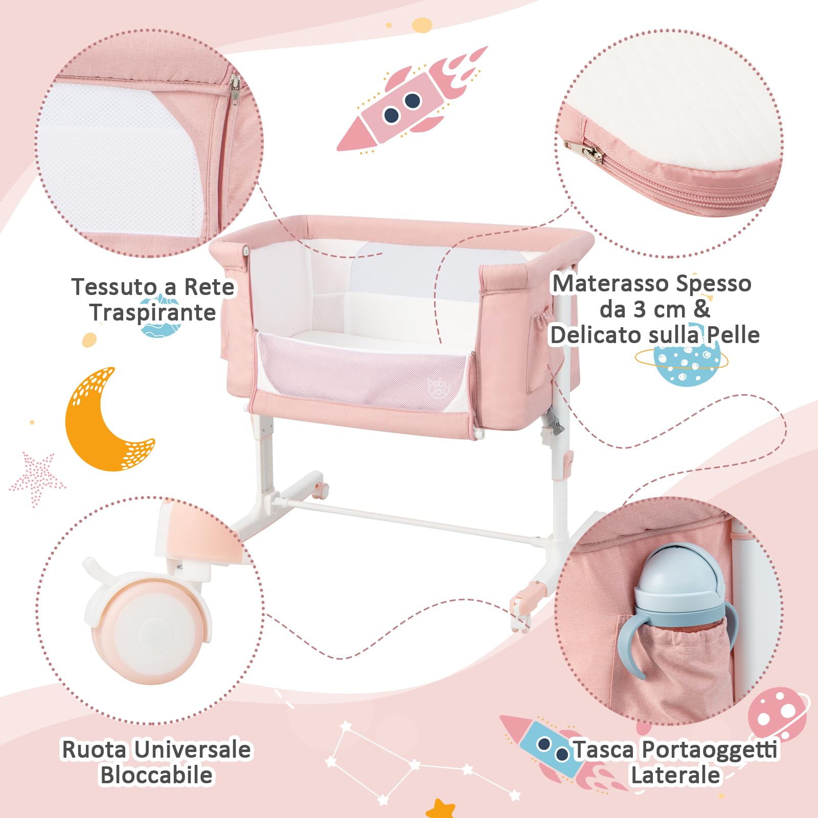 RELAX4LIFE 3 en 1 Cuna Colecho con 5 Alturas Ajustables, Ruedas Bloqueables, Colchón y Correa de Sujeción, Cuna Bebe con Bolsillo Portaobjetos y Bolsa de Transporte para Bebés 0-6 Meses (Rosa)