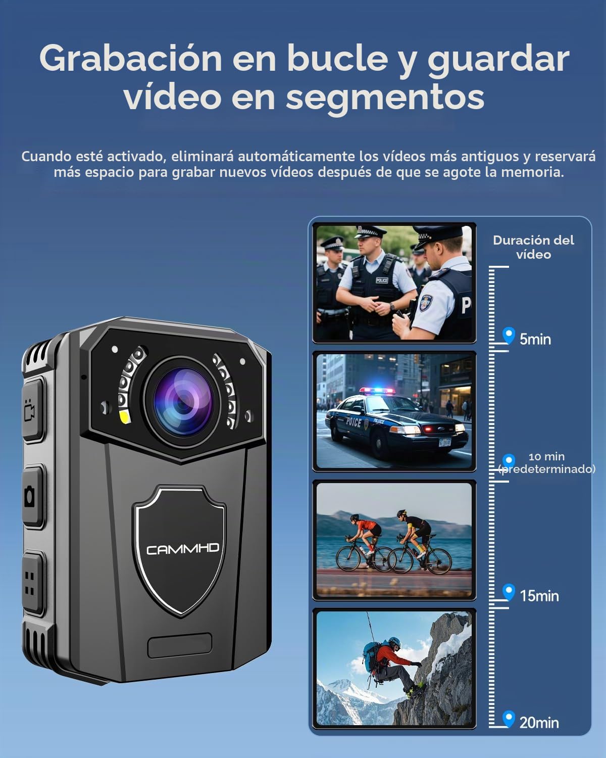 CAMMHD Cámara Corporal 2K Z3-32GB, 10h Autonomía, Visión Nocturna IR y Cifrado de Datos, Camara Corporal con 2 Clips Giratorios 360°, para Policía, Seguridad y Uso Personal