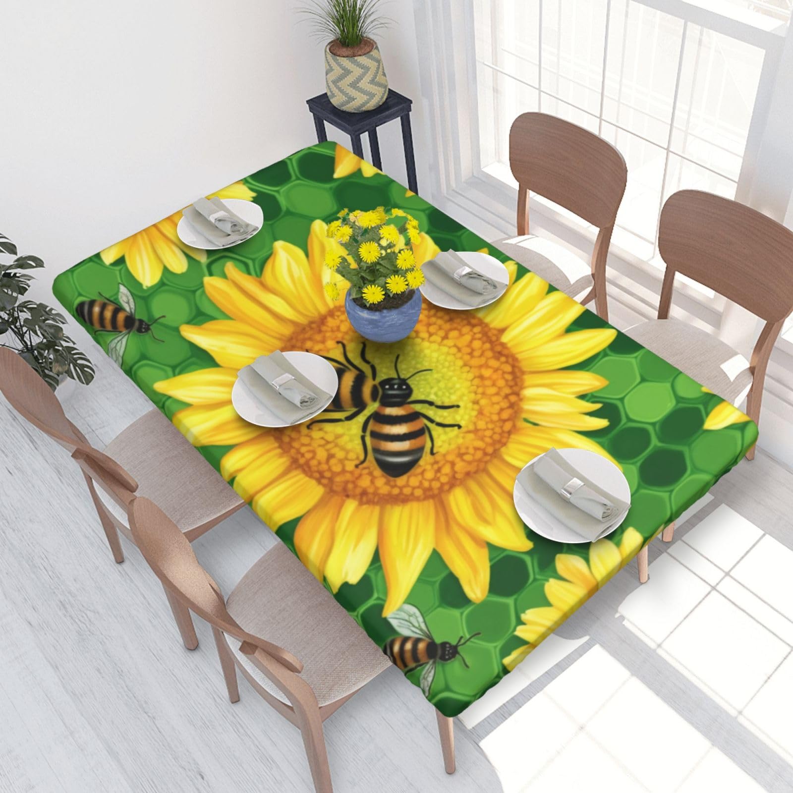 DCARSETCV Cute bee & Sunflowers Printed 4FT Waterproof Tablecloth with Elastic Edged Protect & Decor Your Table, Oil-proof Washable Table Cloth Cover for Dinner Picnic Party