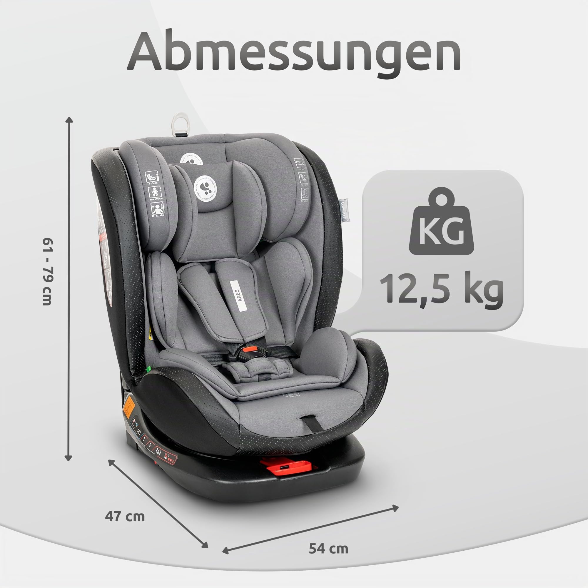 Lorelli Auto Kindersitz Ares mit Isofix, 360 Grad drehbar, (0-36 kg) Mitwachsender Autositz i-Size 40-150cm - Gruppe 0+/1/2/3, Babysitz ab Geburt, 5-Punkt-Gurt, Einstellbare Kopfstütze, grau