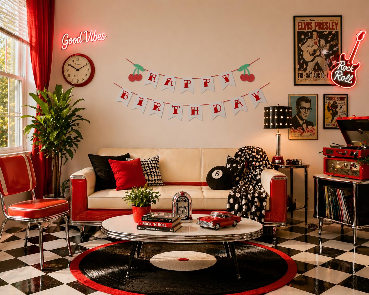 Glitter Cherry Happy Birthday Banner 1950's Party Decoration Pre-Strung 1st Birthday Party Decoration Rockabilly Themed Birthday Party Banner image 2