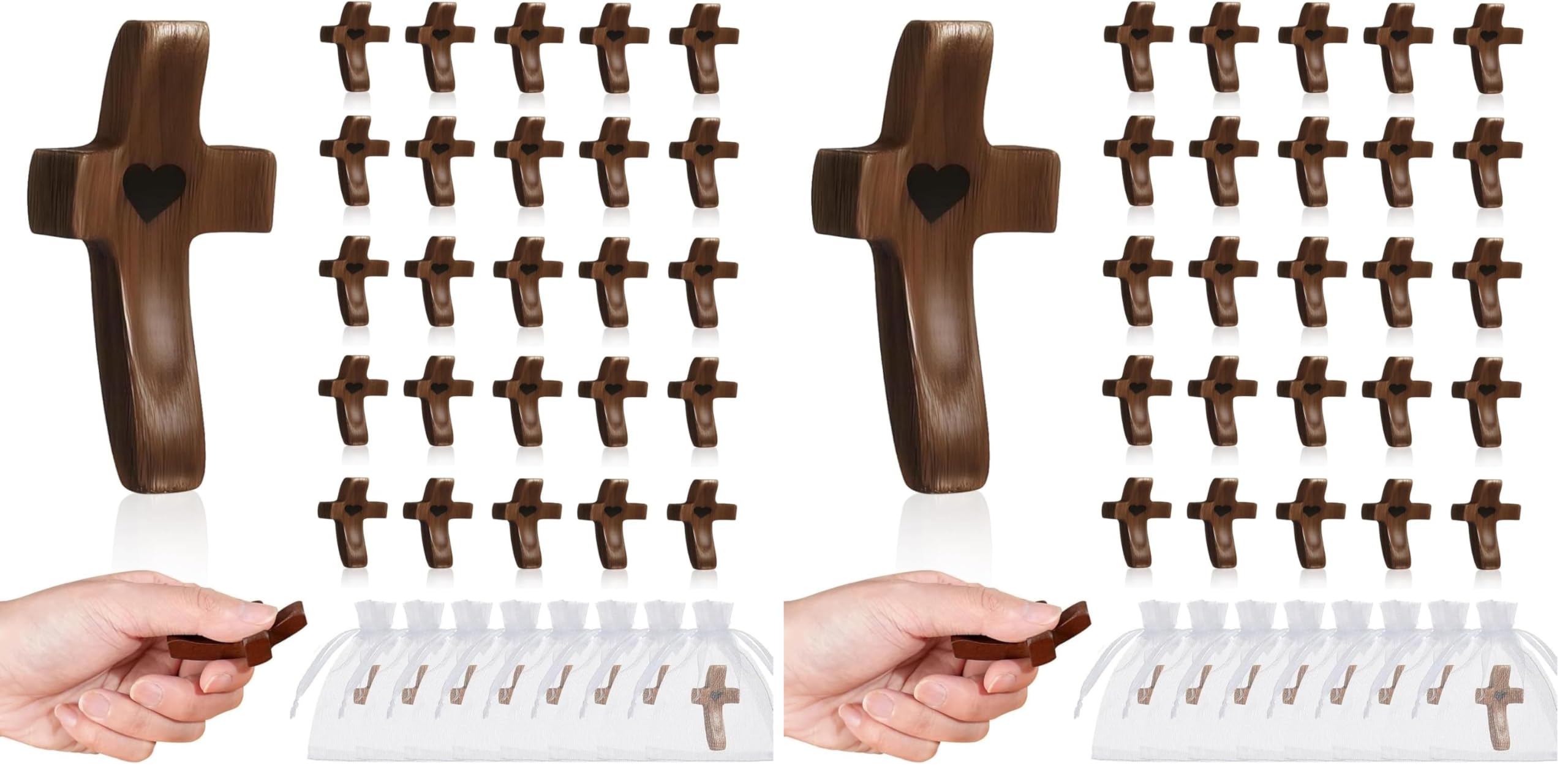 Brevynx Handmade 25Pcs Pocket Wooden Cross Fidget in bulk with Organza Bags - Stress Relief Cross My Heart for Christian, Religious Easter Day Gifts (Pack of 2)