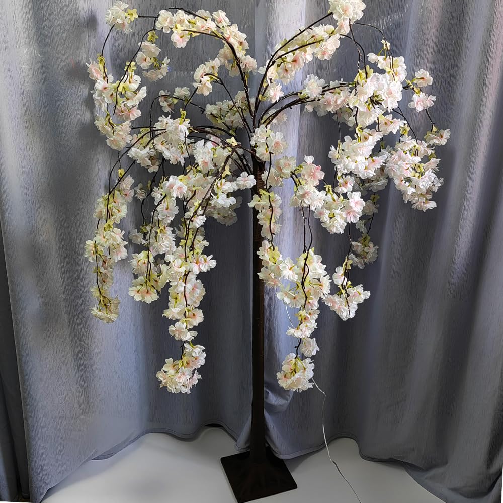 Albero di ciliegio illuminato, albero artificiale a LED, 1,2 m, albero di fiori di ciliegio rosa, con luce per decorazione di interni, cortile di famiglia, festa di matrimonio, festa di Natale, bianco