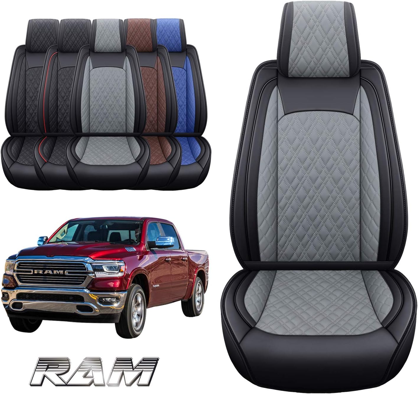 YIERTAI Car Seat Covers Compatible with Dodge Ram Custom Fit 2009-2023 1500 2500 3500 Pickup Mega Cab Limited Longhorn Laramie Bighorn Waterproof Leather Seat Protectors 2 PCS Front/Black-Grey