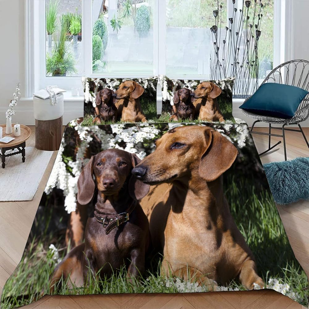Funda Nordica Cama 105 Juvenil Dachshund Funda Edredon 200x200 Perro Mascota 3D Fundas de Edredón Microfibra Suave Ropa de Cama de 3 Piezas con Cremallera y 2 Fundas de Almohada K-1307