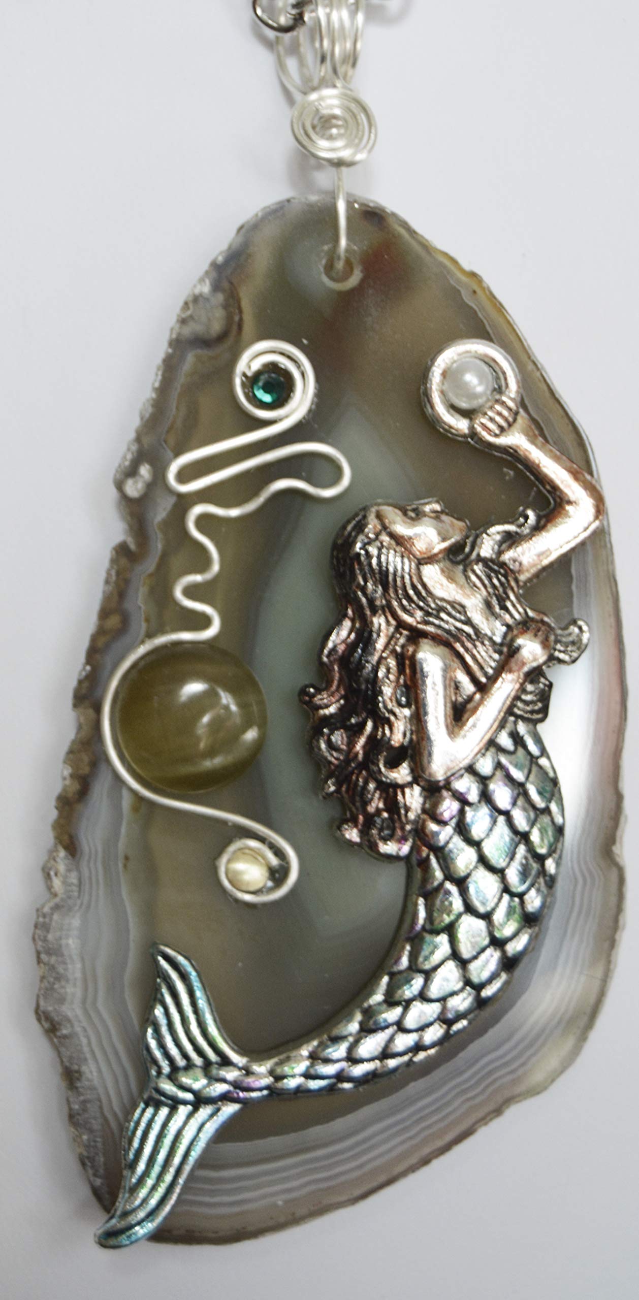 Mermaid with dark hair mystical fantasy natural with a touch of aqua green Agate stone slice gemstone pendant with cats eye cab, wire work necklace jewelry