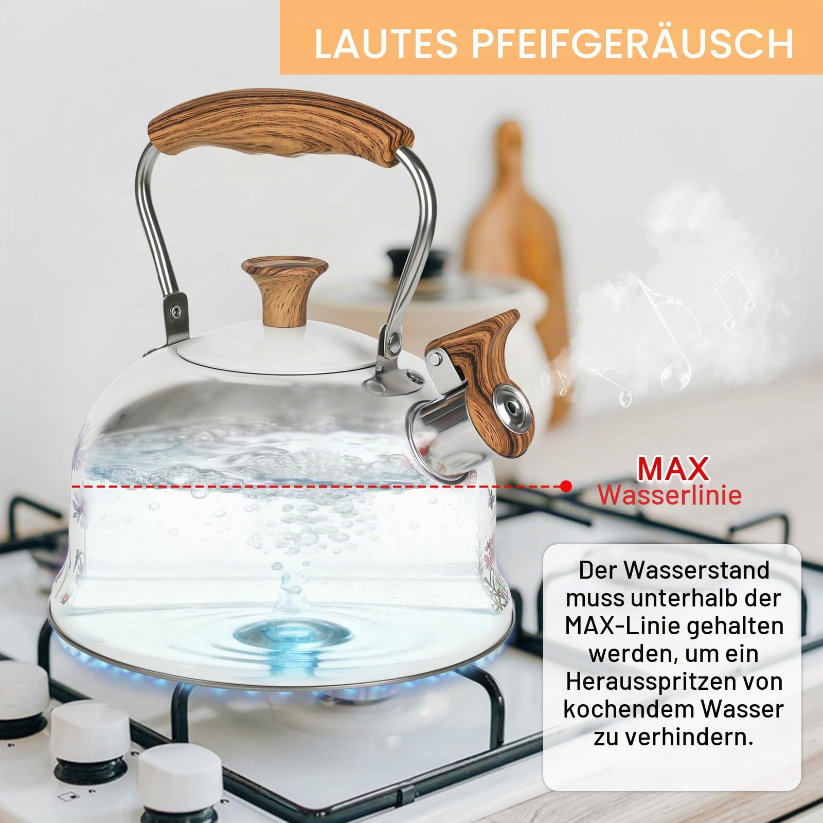 Pfeifkessel, 2,5 Liter Herdkessel für Gasherd mit hitzebeständigem Holzmuster-Griff, lebensmittelechter Edelstahl, Herdkessel – Pfeifende Teekanne, Induktionskessel für Herdplatten und Gasherde