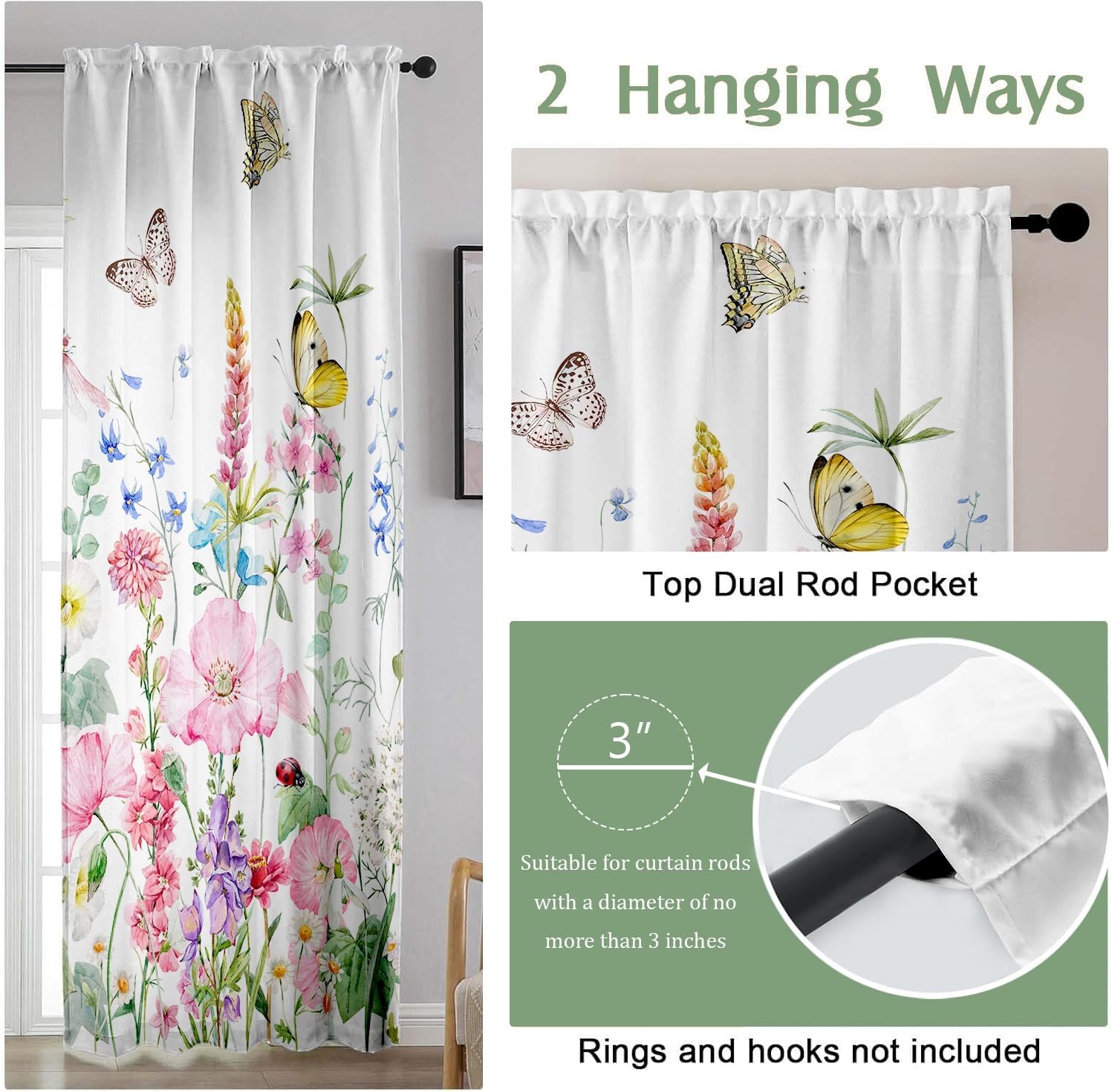 Floral Living Room Curtains 84 Inches Long Purple Pink Flowers Botanical Light Filtering Curtains for Bedroom Green Leaves Plants Drapes Spring Summer Farmhouse Country Window Treatment, 2 Panels