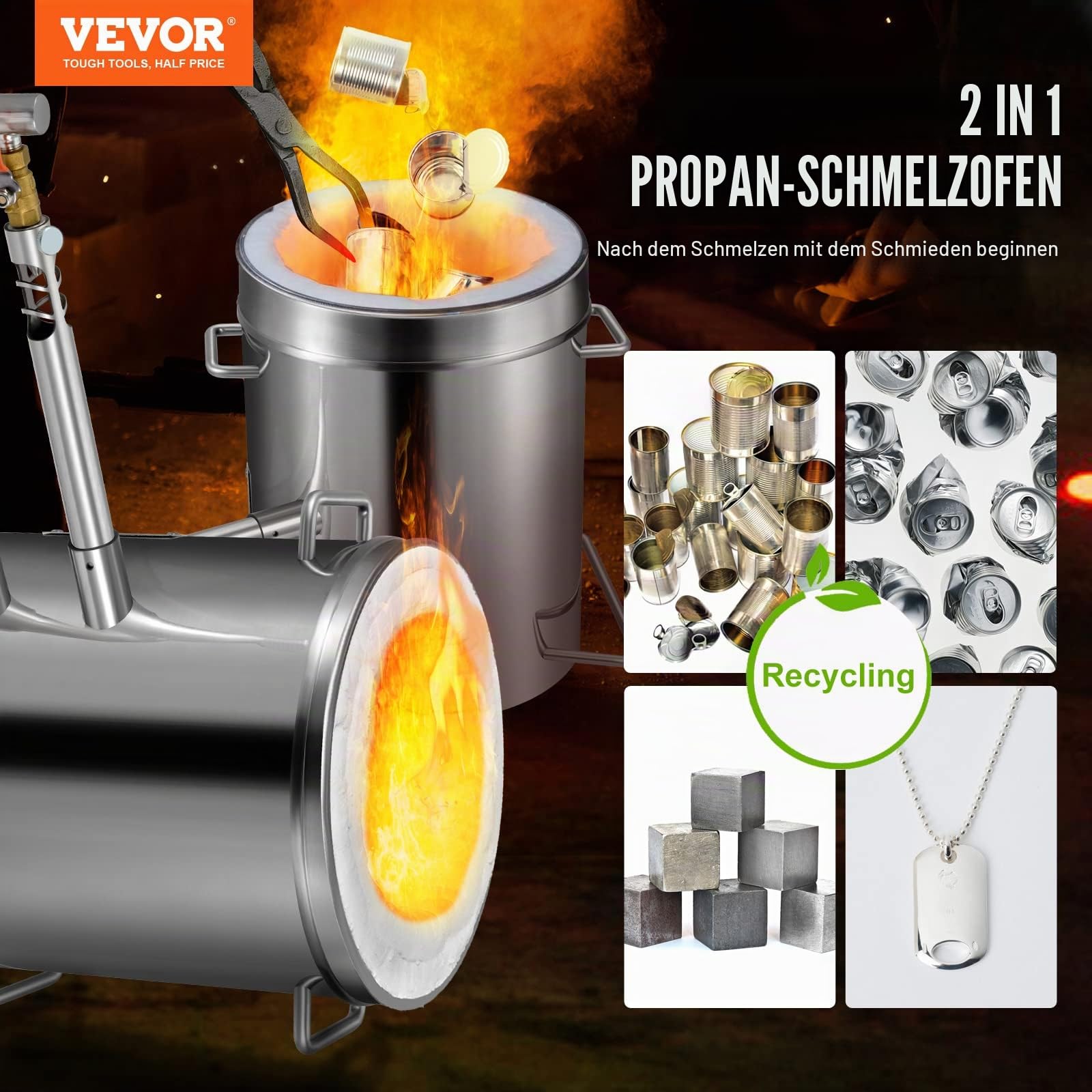 VEVOR Schmelzofen-Propan-Schmiede, 12 kg große Kapazität, Gießerei, Schmiede mit Tiegel und Zange, Edelstahlschmelze, für Metallschrott-Recycling, Gold, Kupfer, Silberguss