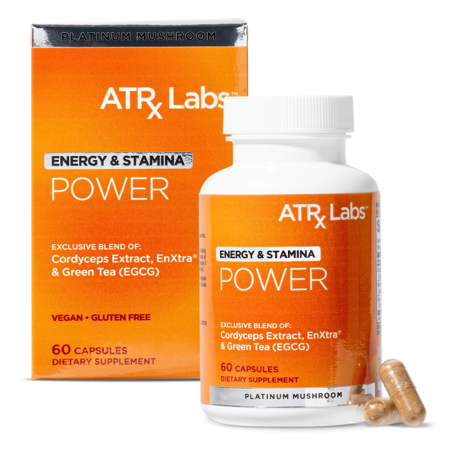 Power: Energy & Stamina - Mushroom Supplement, with Cordyceps, Green Tea, and Proprietary Extract of Alpinia Galanga, May Improve Focus and Energy, Vegan & Gluten-Free, 60 Capsules