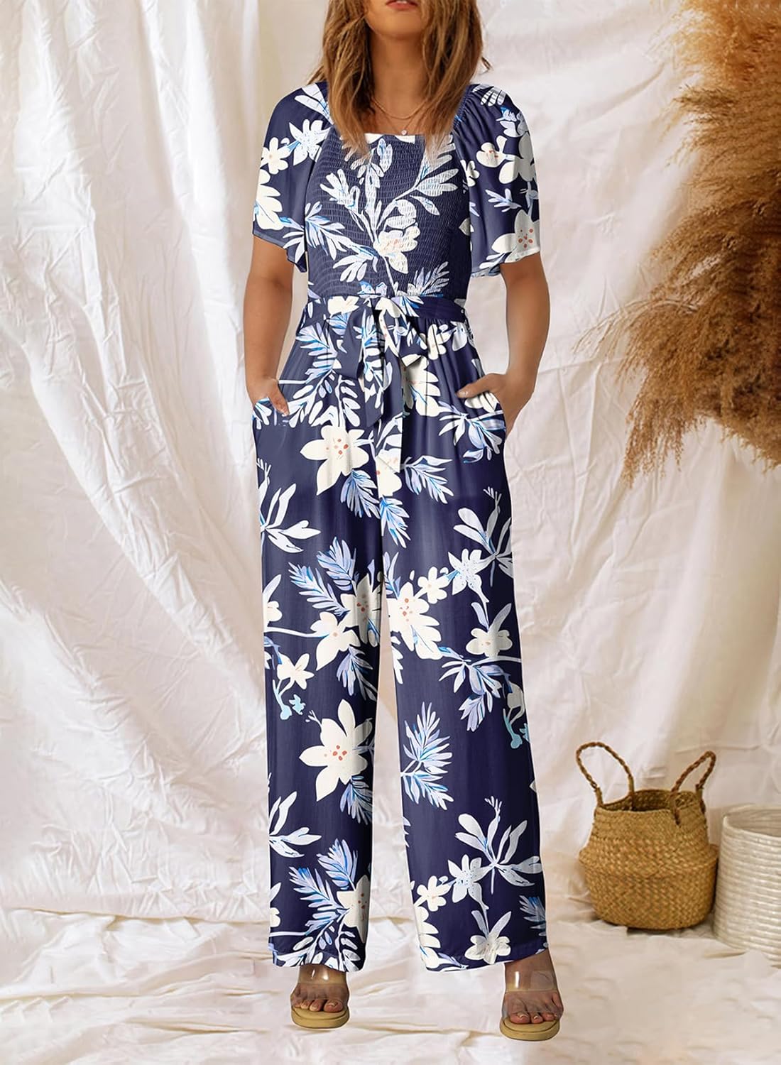 Happy Sailed Womens Jumpsuit Dressy Summer Short Sleeve High Waisted Floral Jumpsuits Women Overalls Long Pants Rompers Beach Vacation Outfits Fashion 2025 Blue Large - Image 2