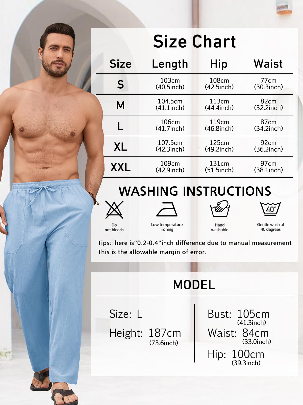 Pantalón Lino Hombre Verano de Mezcla Algodón y Lino Ligero Transpirable con Cintura Elástica Cordon y Bolsillos Pantalones de Lino Hombre Corte Largo