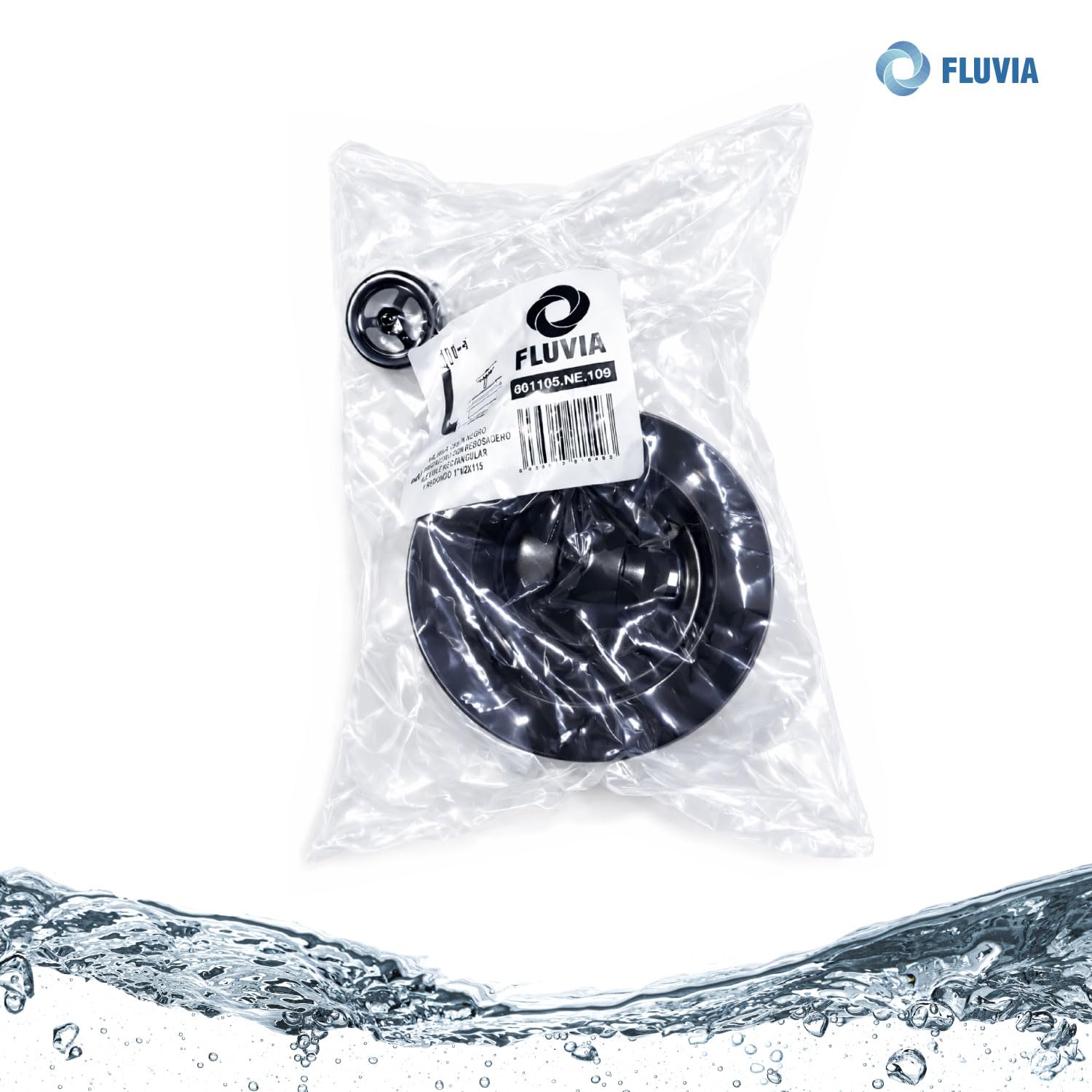 Válvula Fregadero 1” 1/2 x 115 mm Universal con Cesta color negro – 2 Rebosaderos Incluidos – Desagüe Cocina Antifugas Alta Resistencia – Fácil Instalación – FLUVIA