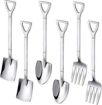 6Pcs Shovel Spoon Fork Set 18/10304 Stainless Steel Spade Shape Utensils 6.1inch Stirring Spoon for Dessert Coffee Yogurt Cake Fruit Ice Cream