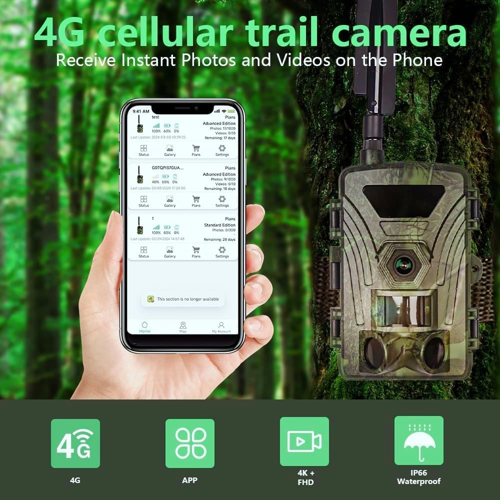 4G Wildkamera mit 60MP & 4K UHD Nachtsicht - Bewegungsmelder 60° Sichtwinkel, SIM-Kartensteckplatz, 32GB Speicherkarte inklusive, Batteriebetrieb für Jagen/Waldüberwachung