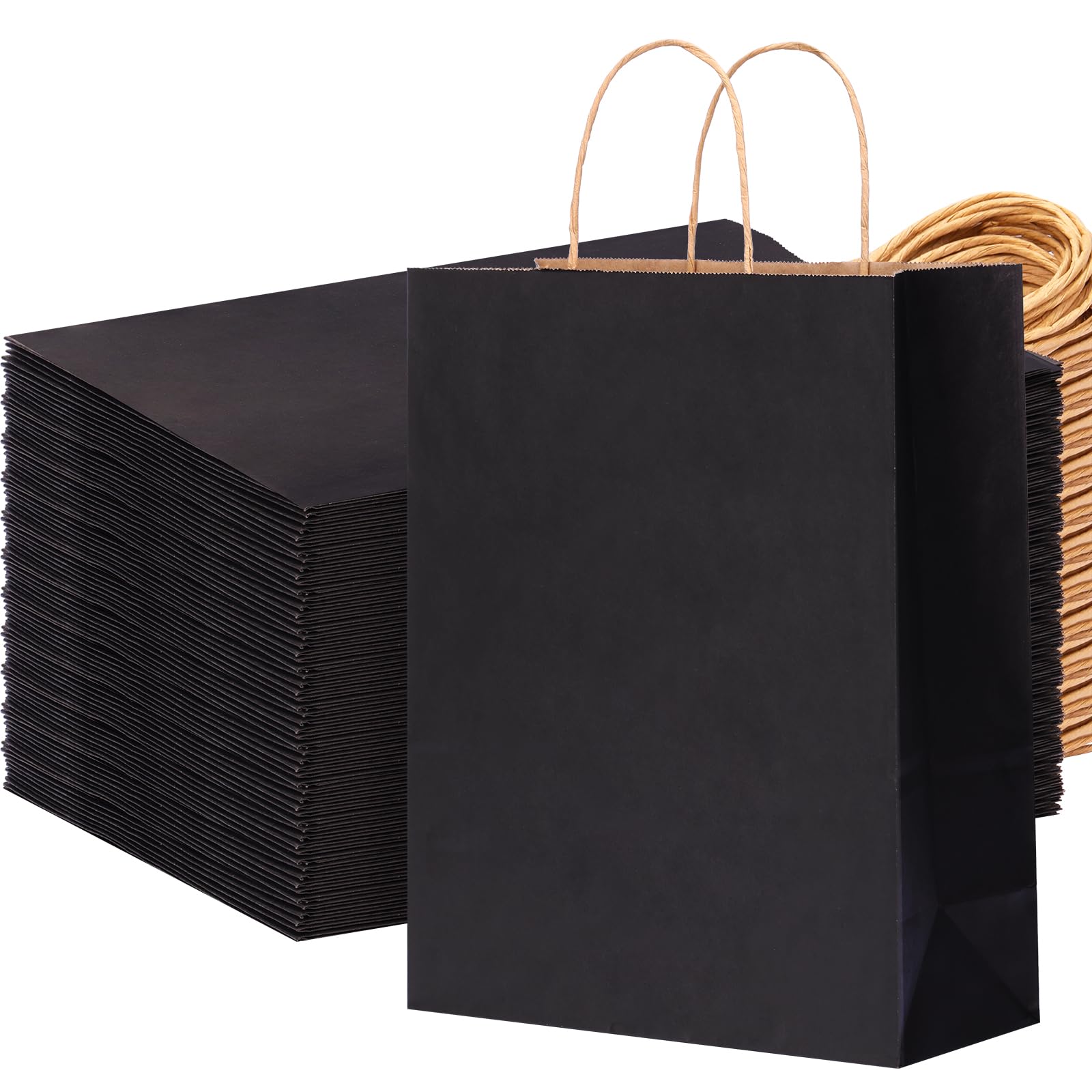 OUTUXED 100pcs 10x5x13in Black Paper Bags Kraft Large Paper Gift Bags with Handles Bulk for Business, Shopping, Grocery, Retail, Birthday Wedding