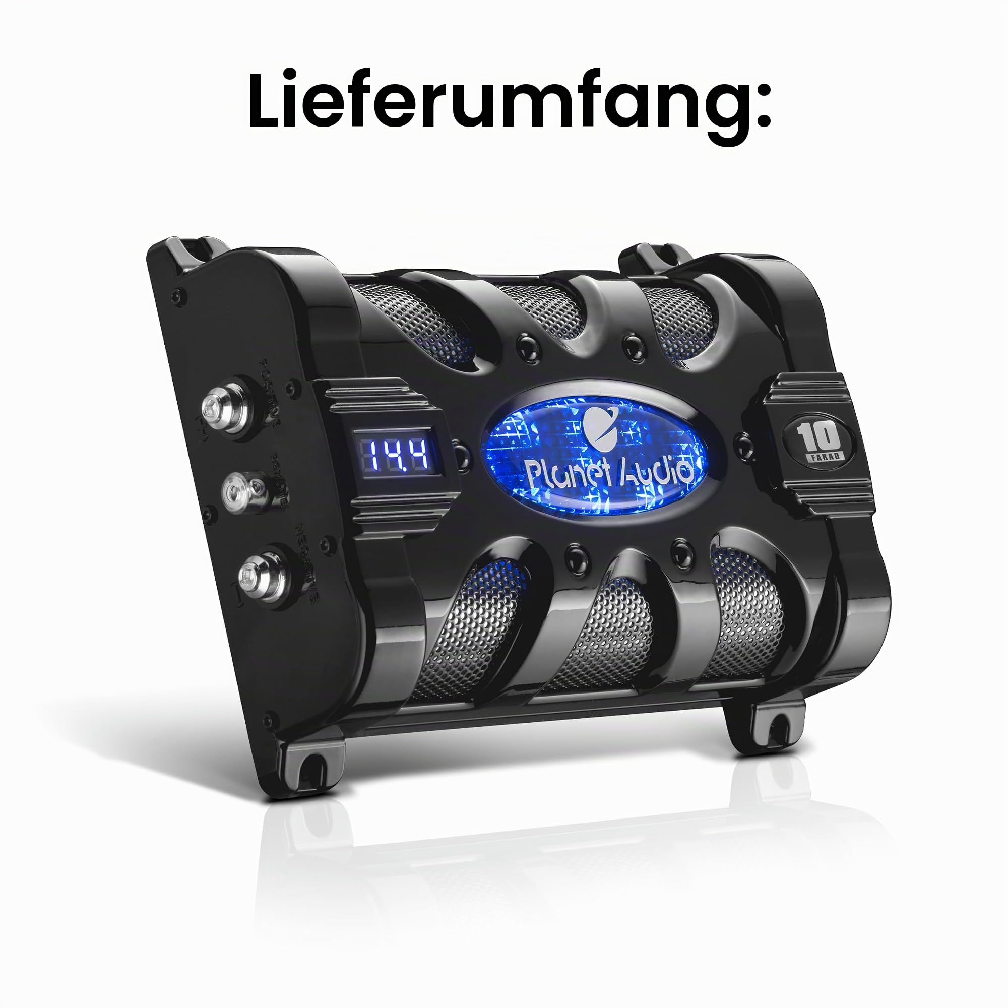 Planet Audio PC10F Kondensator mit digitaler Spannungsanzeige, 10 Farad, Blaue Beleuchtung