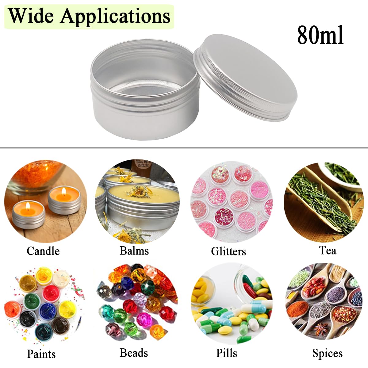 Okrągłe puszki na balsam do ust, 80 ml, 80 gramów, aluminiowy pojemnik na próbki kosmetyczne z zakręcaną pokrywką, 80 g, srebrne, metalowe, puste słoiki do przechowywania, na maści, balsamy