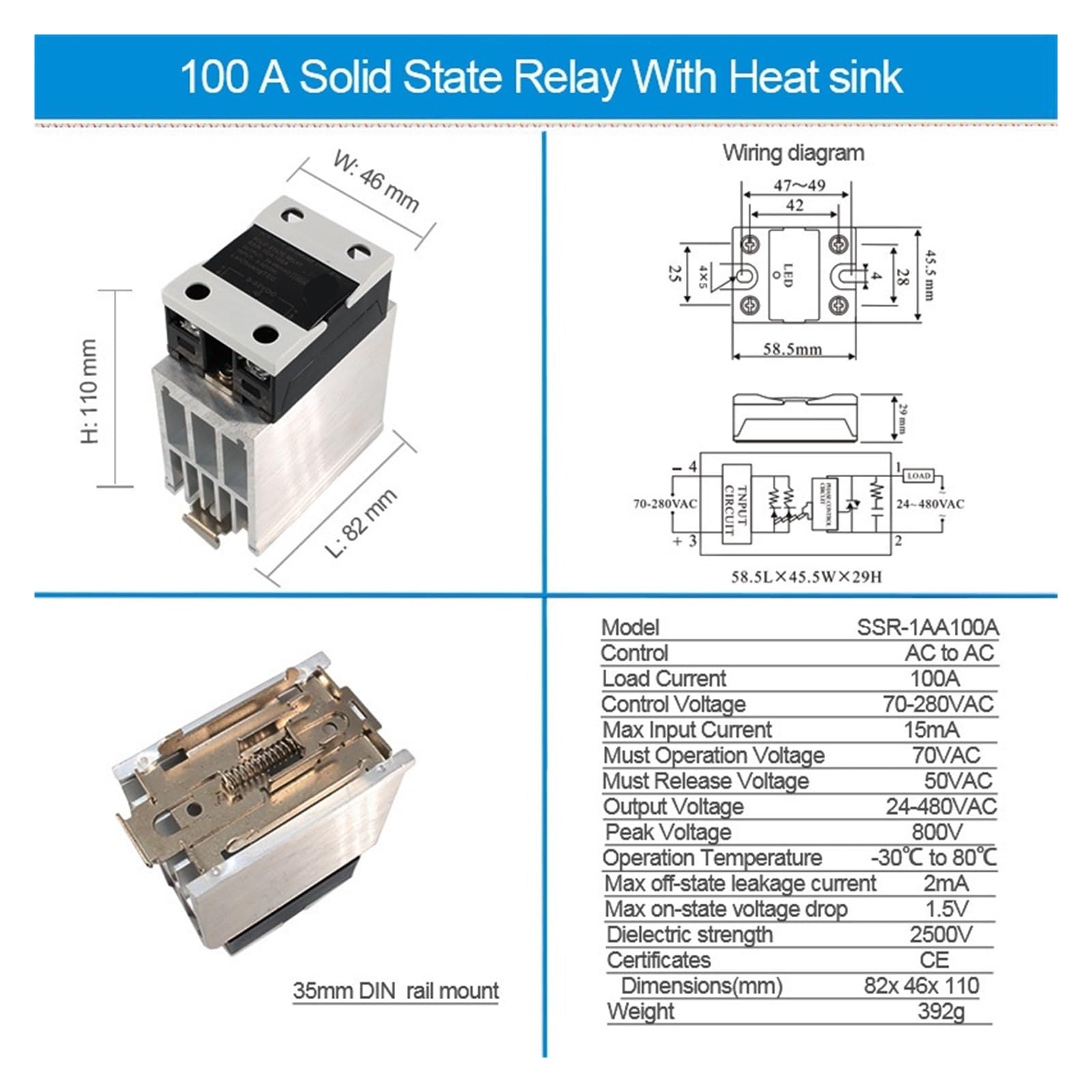 Relé de estado sólido AC a AC 10A 25A 40A 60A 80A 100A 120A SSR con disipador de calor, relé industrial de montaje en Riel DIN (Size : AC-AC 80A)
