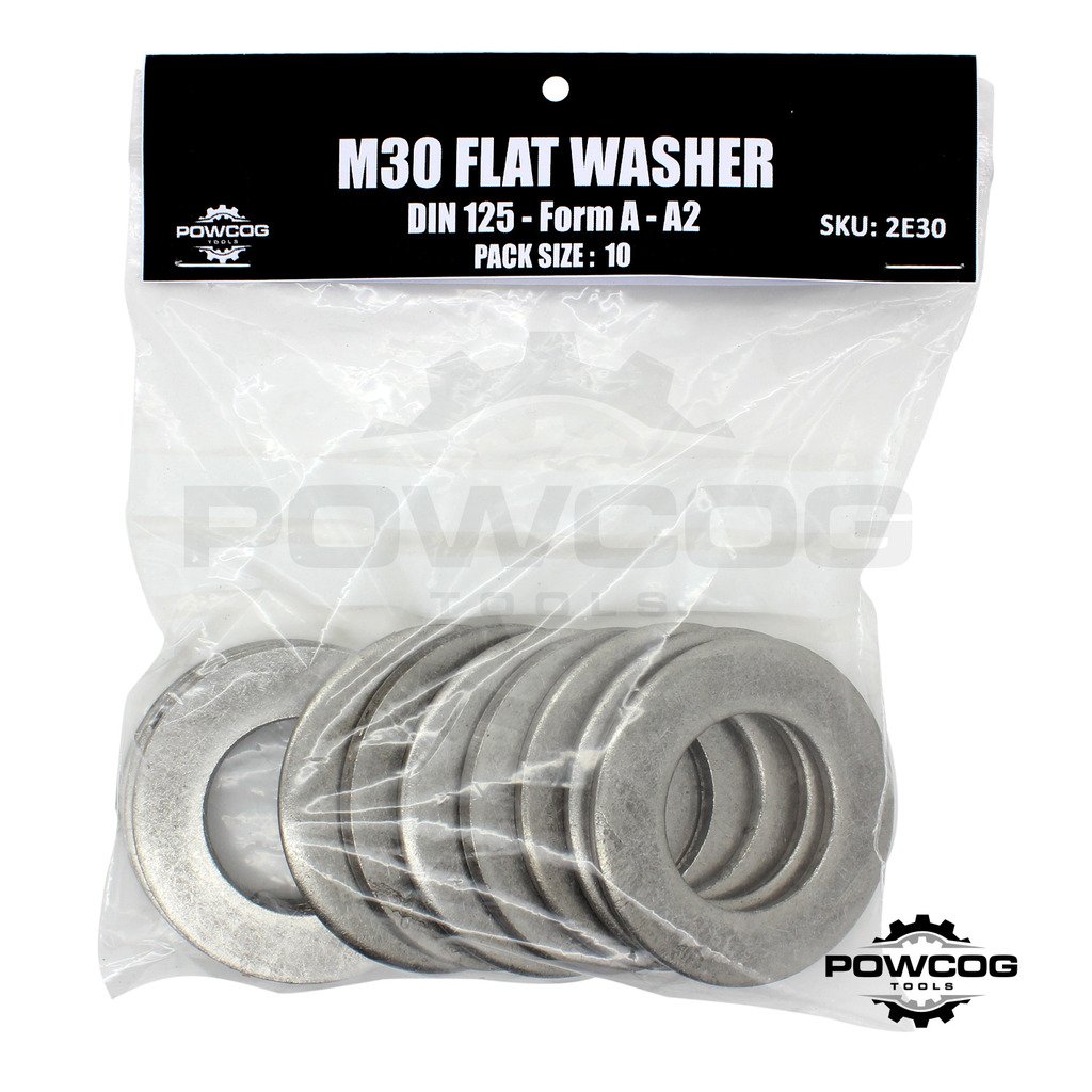 Powcog M30 Flat Washer - A2 Stainless Steel Thick Grade 304 Metric Grade - Form A Din 125 - By Powcog® - Pack Of 10