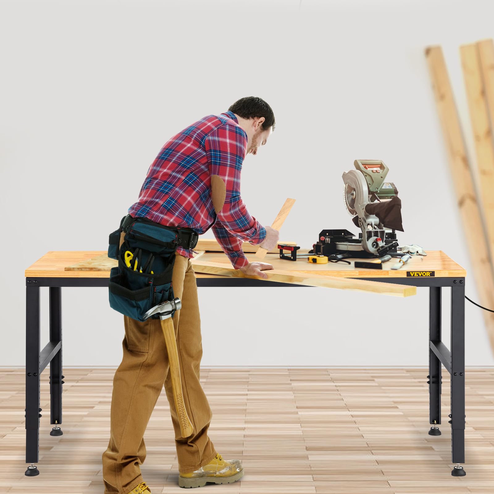 VEVOR Établi Garage Atelier Tavolo da lavoro 183x64x97 cm Altezza regolabile 72-97 cm, Piano in legno duro Quadro in acciaio, Multifunzionale Robusto per la riparazione Bricolage