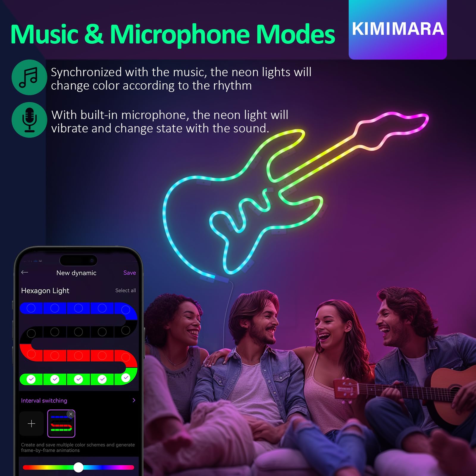 KIMIMARA Neon Striscia LED 1M - Striscia LED Flessibile in Silicone con APP, Sincronizzazione Musica, Forma DIY, Camera, Cortile, Giardino, Patio, Gaming, Decorazione Festa
