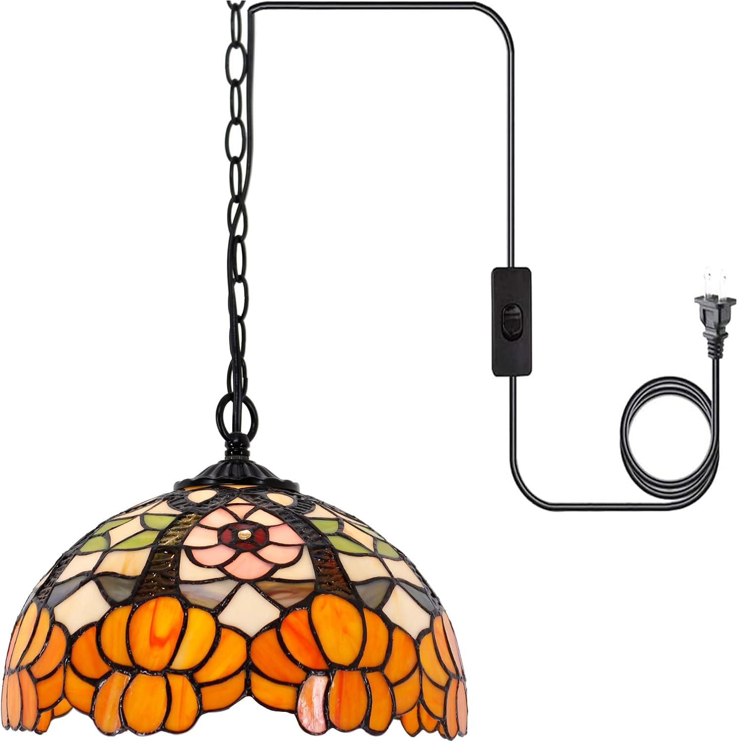 Tiffany Pendant Light Plug in 12 Inch Orange Flower Stained Glass Hanging Lamp with Chain 33 Inch, Cord 15 Feet