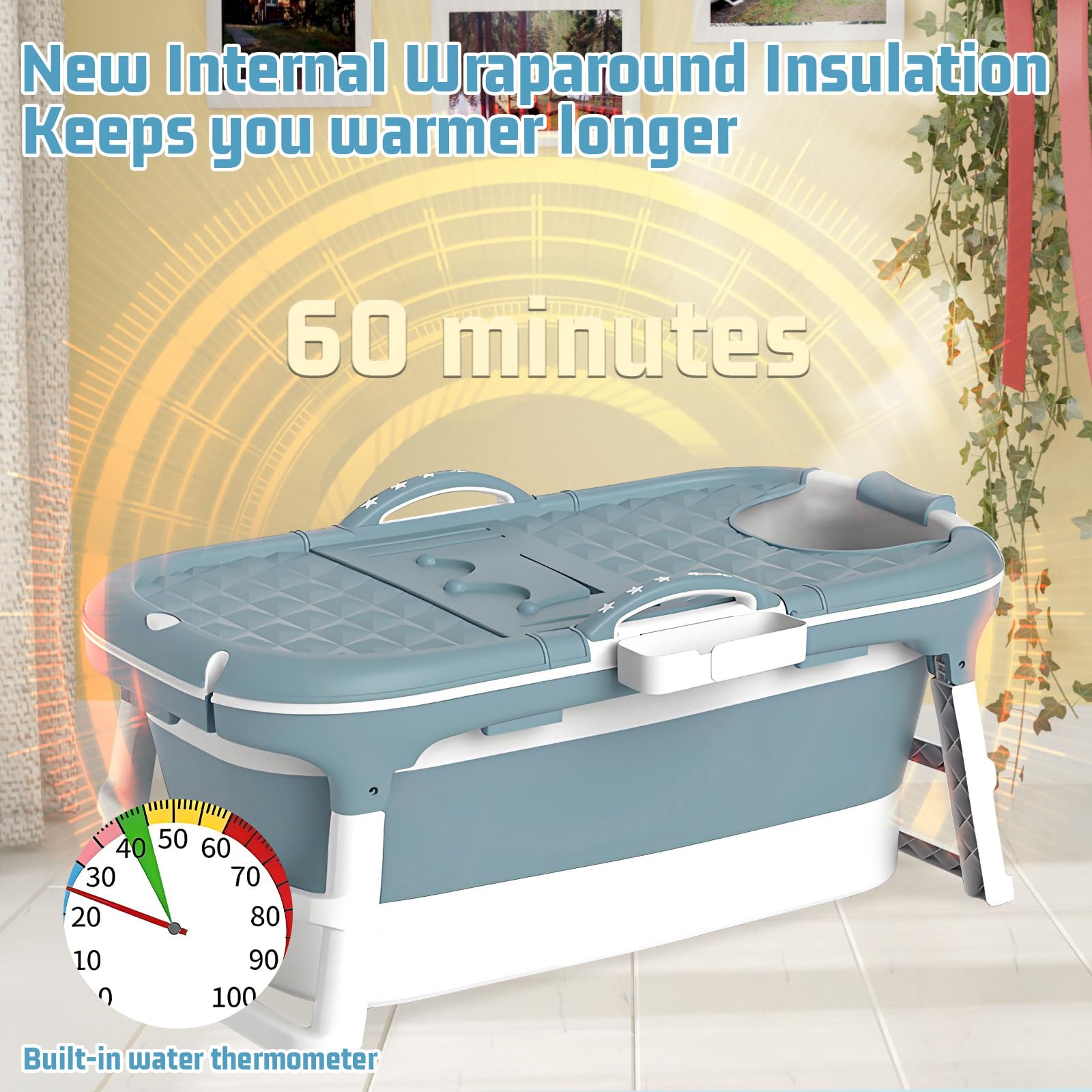 Portable Bathtub with Thermometer,59 Inch Foldable Bathtub for Adults,Soaking Bath Tub with Removable Cushion,Non-Slip Carpet and Cover,Collapsible Tub for Hot Bath, Ice Bath (Blue, 59IN): Blue 59IN