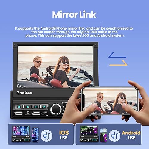 Miniatura 4 de Estéreo de coche de un solo DIN Apple Carplay y Android Auto 1 Din 7 pulgadas Flip Out pantalla táctil radio de coche con Bluetooth y micrófono