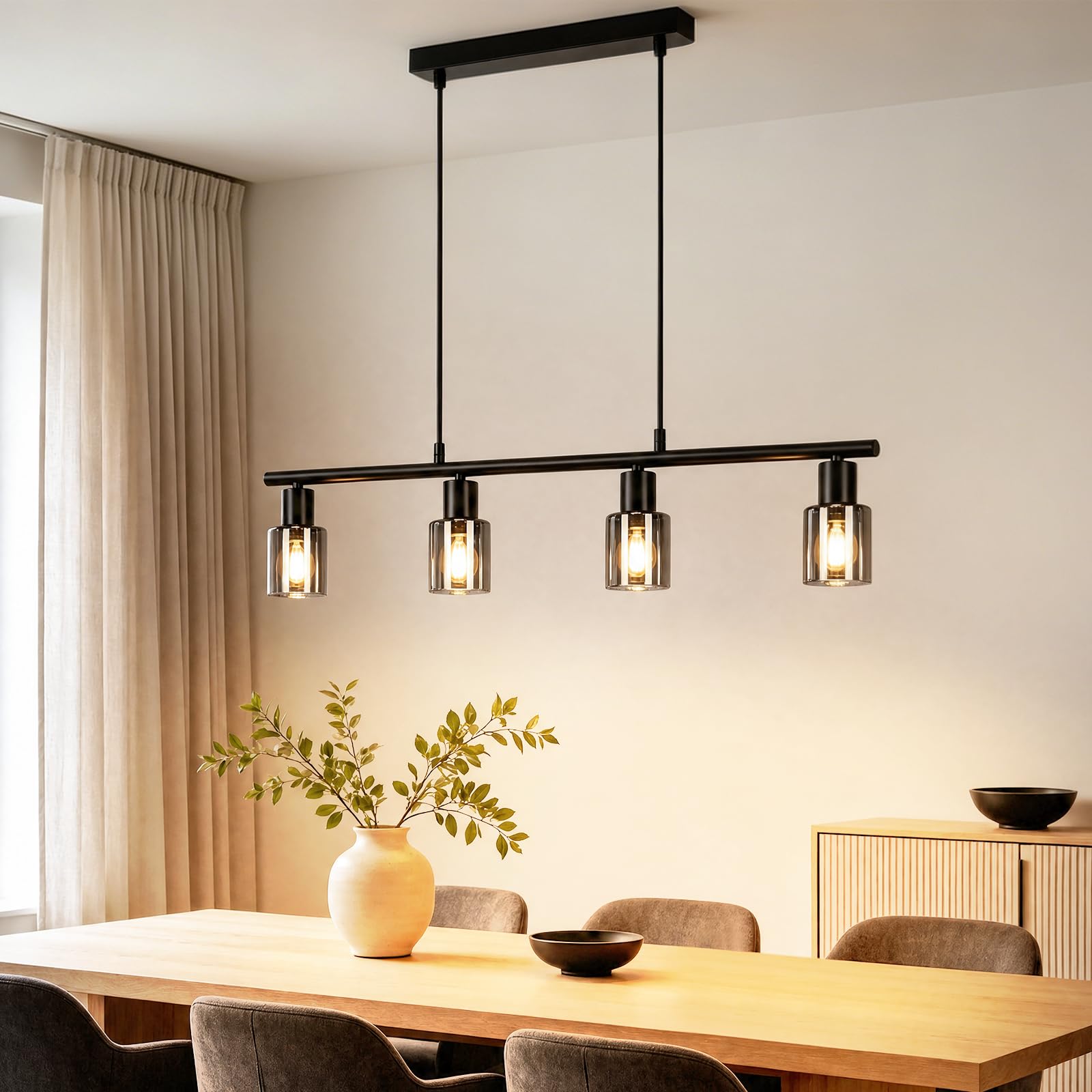 Hängelampe 4 flammig Pendelleuchte esstisch - Vintage Esstischlampe hängend Schwarz industrial Hängeleuchte Glas E14 retro Esszimmerlampe Pendellampe für Esszimmer Küche (Ohne Leuchtmittel)
