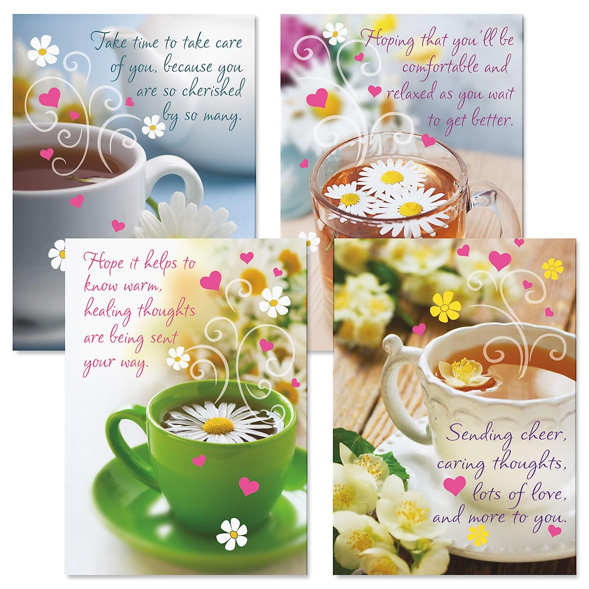 Current Teacup Get Well Greeting Cards - Set of 8 (4 Designs), Large 5" x 7", Sympathy Cards with Sentiments Inside, White Envelopes