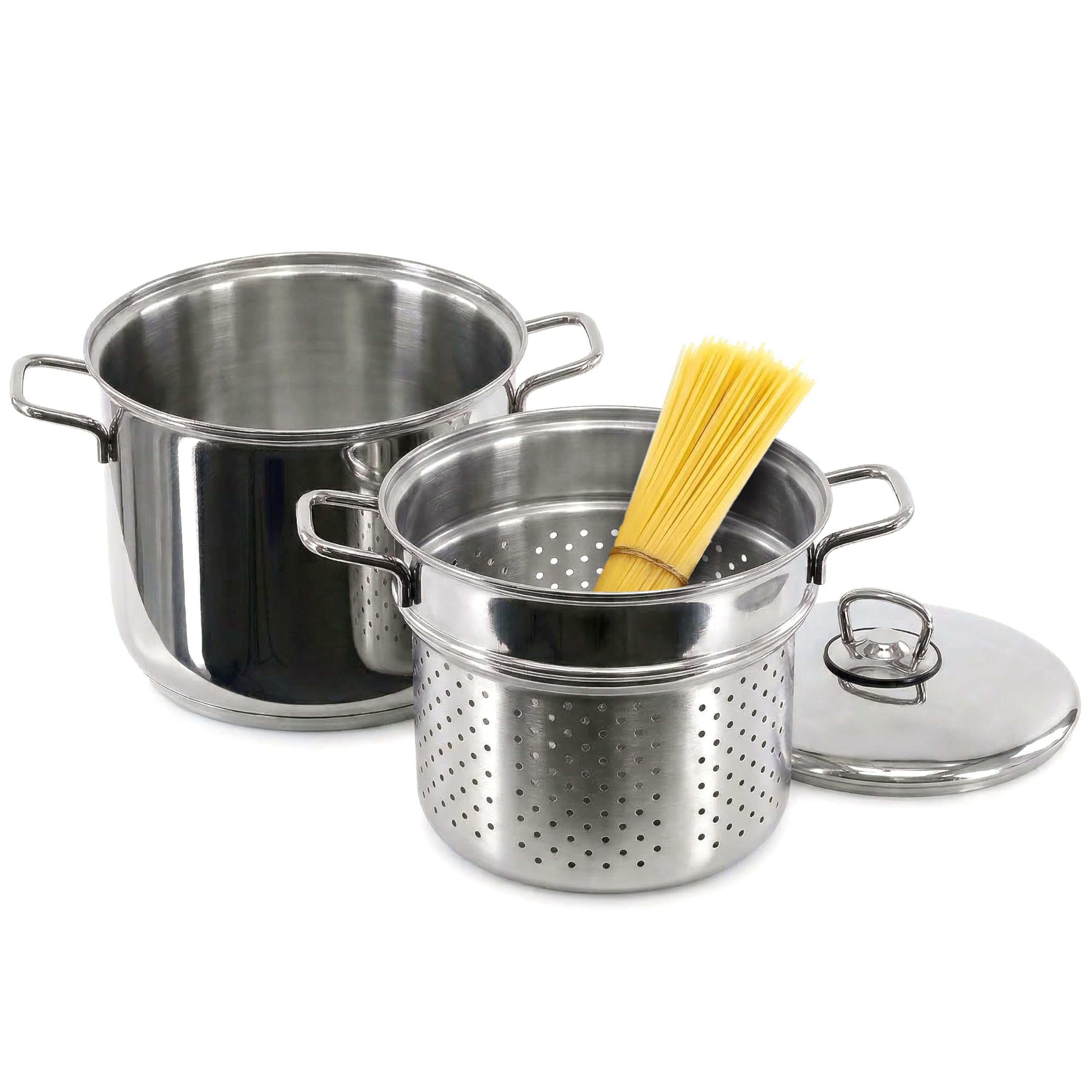 GEEZY Stainless Steel Pasta Pot with Strainer Insert - 6L Induction Cooking Pan for All Hobs, Gas, Electric - Dishwasher Safe Deep Stockpot Saucepan & Strainer for Spaghetti, Vegetables & Rice