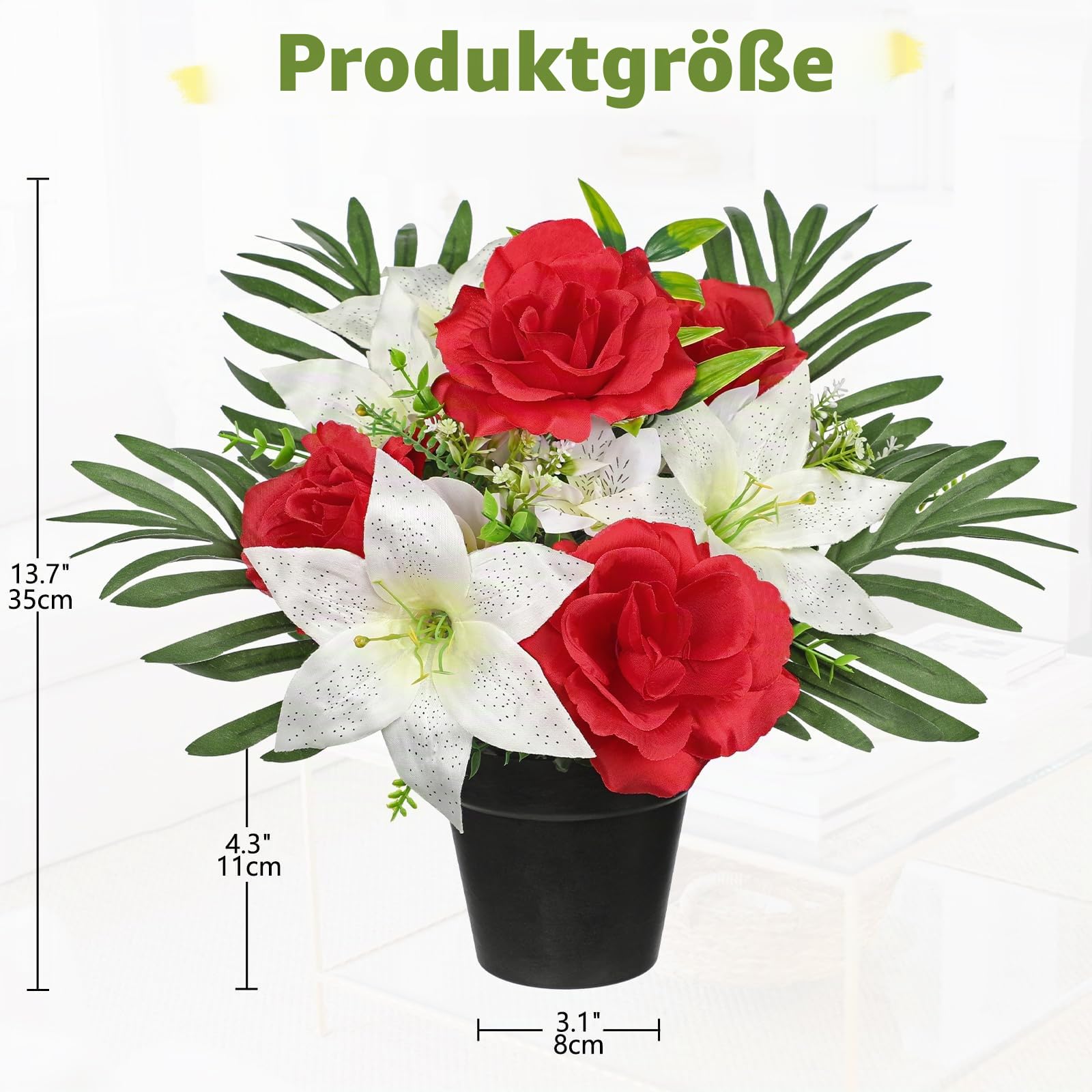 Hollyone Künstliche Friedhof Blumen für Grabschmuck, Kunstblumen im Topf für Grab, Rot Künstlicher Rosen und Lilien Deko Blume Grabgesteck Gedenkstätte Seidenblumen