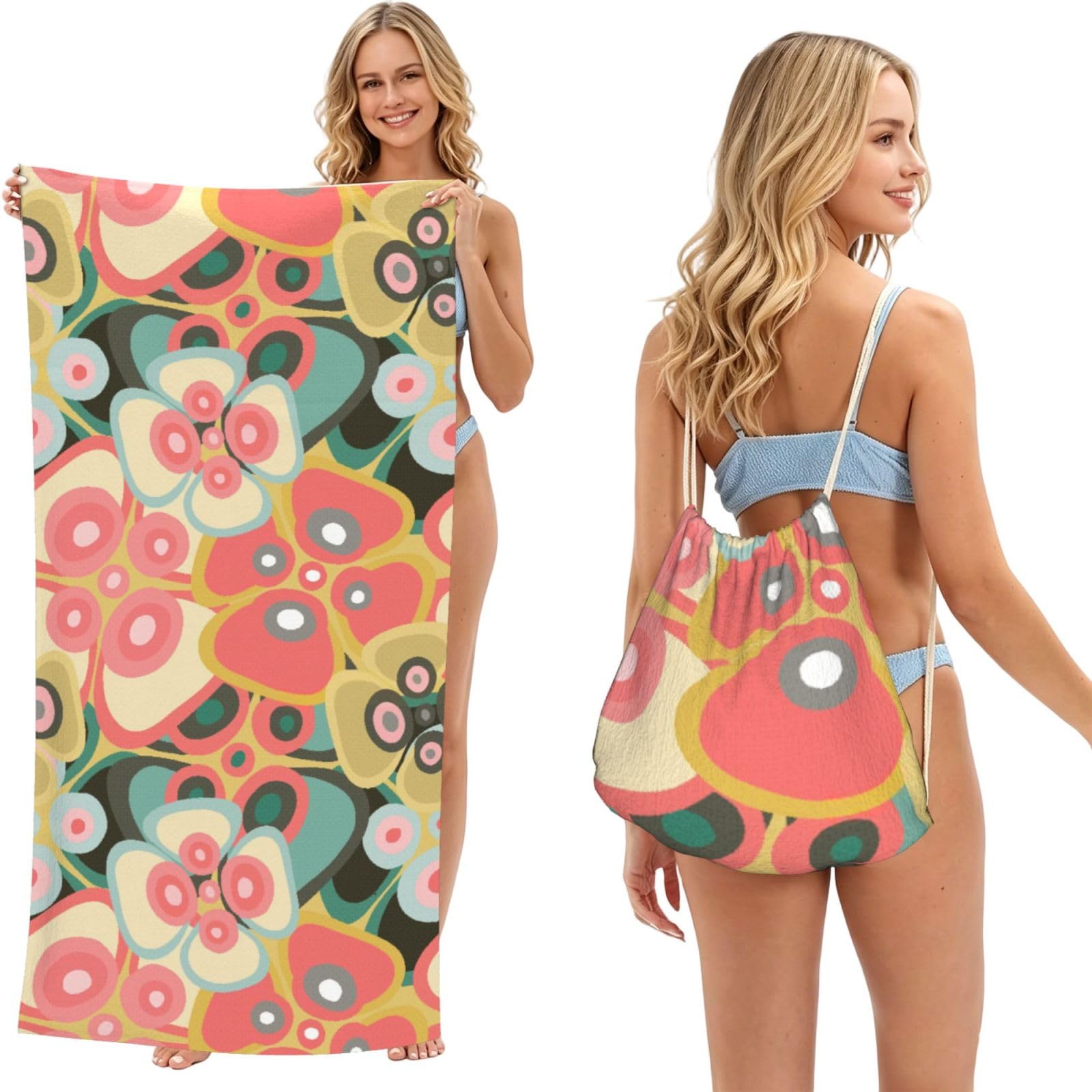 Poadnly As Picture Bright Delicate Flowers, 2 In 1 Packable Towel Bag, Beach Towels With Drawstring Backpack For Travel Holiday Camping