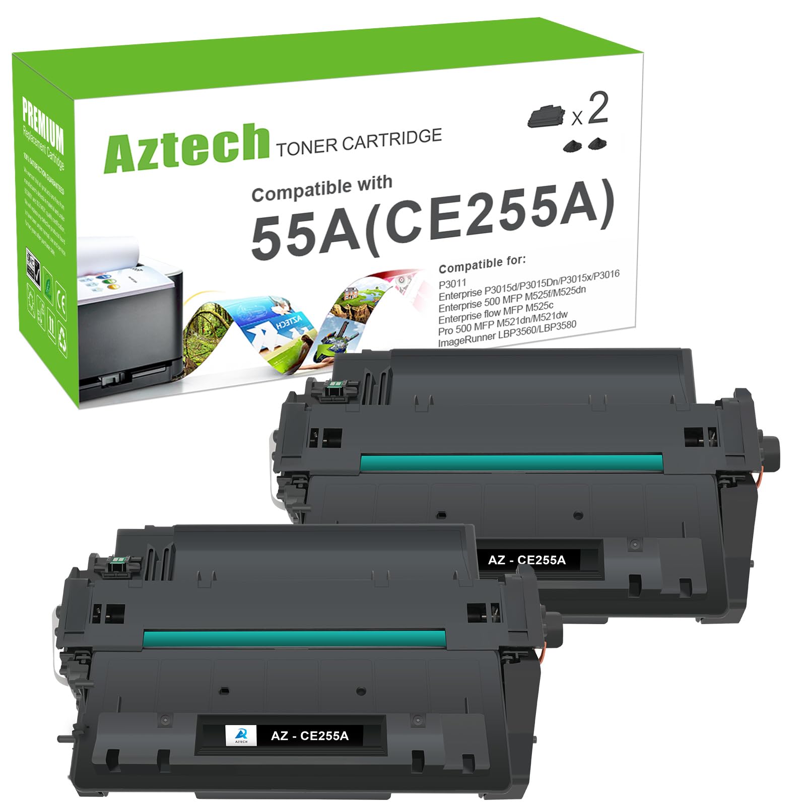 Aztech Compatible CE255A 55A Toner Cartridge Replacement for HP 55A 55X CE255A CE255X Toner for HP P3015 P3015dn P3015x Pro 500 MFP M521dn M521dw M521 M525 Toner Printer (Black, 2-Pack)