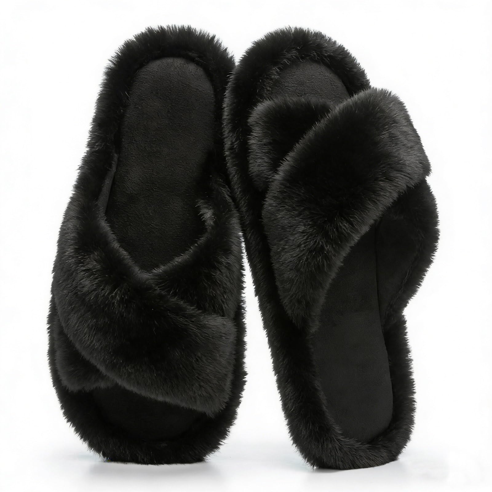 Womens Fuzzy Slippers Cross Band Slippers for Women House Shoes for Women Memory Foam Open Toe Quiet