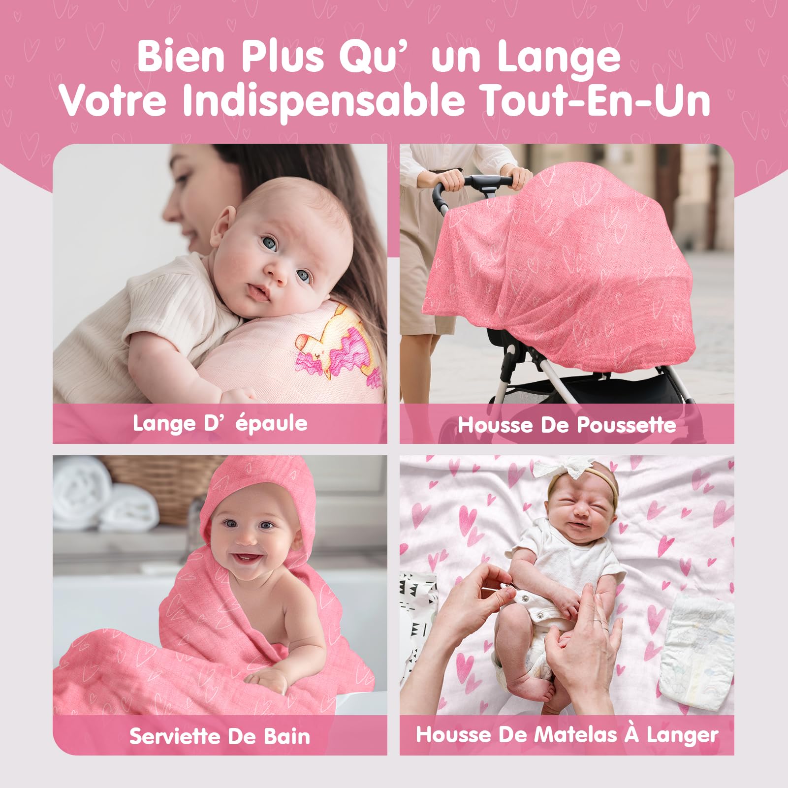 hahaland Couvertures d'Emmaillotage 100% Mousseline de Bambou pour Bébé - Lot de 3 (1 Grande 120x120 cm + 2 Standard 100x100 cm), Ultra-Douces, Respirantes, Essentiels pour Les Nouveau-nés - Rose